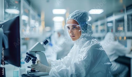 Industrial Engineer or Scientist Working  in Clean Sterile Coveralls Using a Microscope, Developing Advanced Solutions for High-Tech Medical Vaccine and Gene Research photo