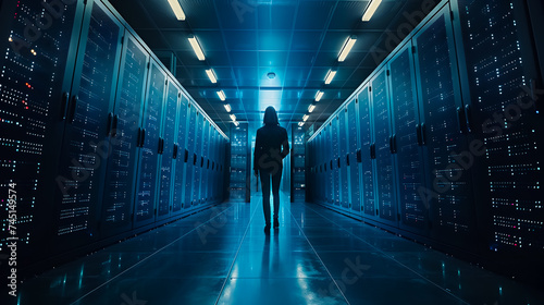 Big data center technology woman officer standing in warehouse, Information digitalization streaming through servers, Cloud computing, Web service