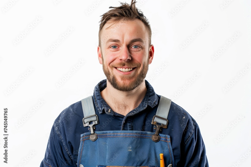 a handsome plumber stands ready with his trusty tools, offering expert service and a friendly smile to solve your plumbing needs on white background. Generative AI.