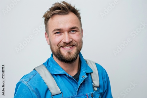 a handsome plumber stands ready with his trusty tools, offering expert service and a friendly smile to solve your plumbing needs on white background. Generative AI.