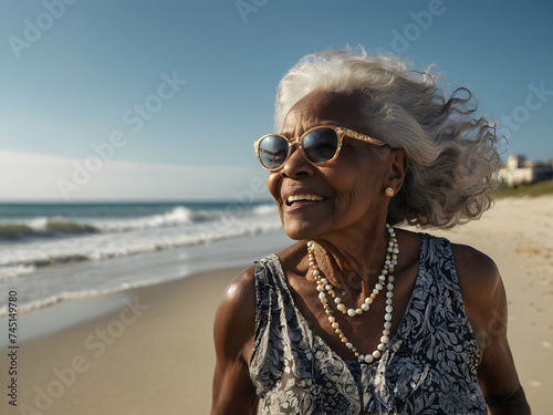 elderly black woman on the beach, portrait. Grandmother, vacation vacation vacation of old people themselves.