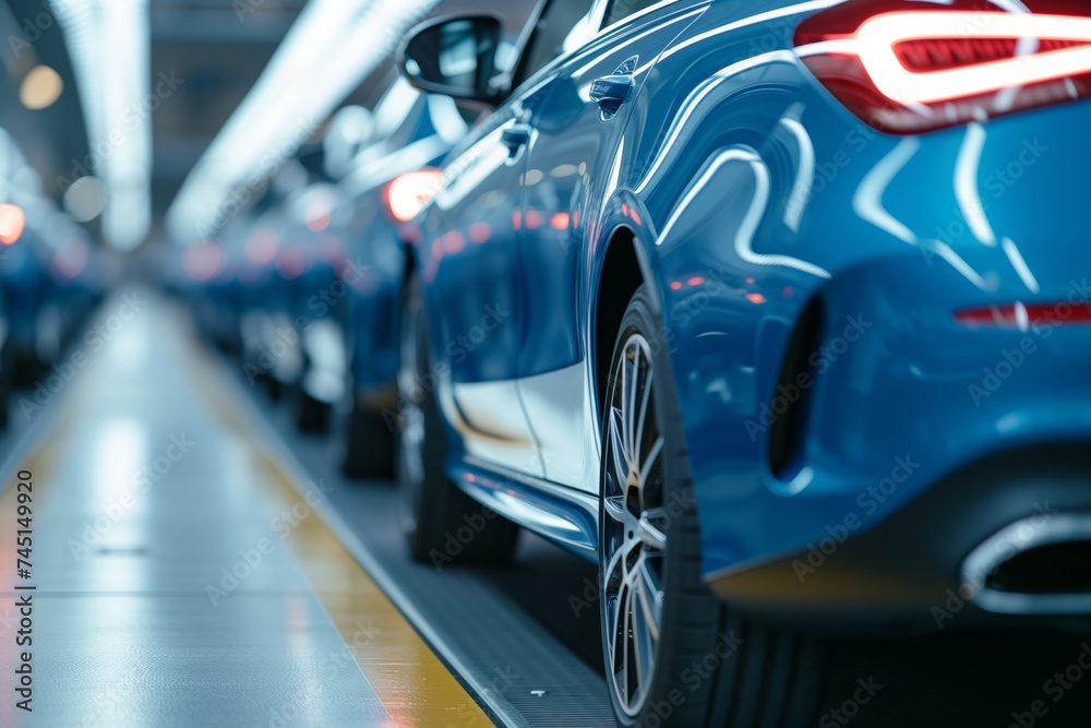 Sleek blue cars lined up in automotive production line, precision and quality evident. Modern vehicles on assembly line, showcasing industrial efficiency in car manufacturing