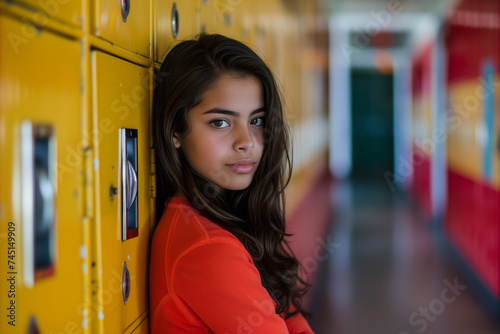 Brunette Teenage Girl at school hallway: Teenage girl in red with a contemplative gaze beside yellow school lockers, hallway stretching behind her.