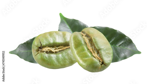 Green coffee beans with green leaves isolated on transparent background,