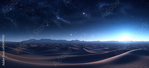 Under the canopy of a star-strewn sky, the desert landscape stretches out with undulating sand dunes, a tranquil scene illuminated by the celestial glow.