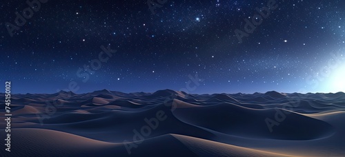 Under the canopy of a star-strewn sky  the desert landscape stretches out with undulating sand dunes  a tranquil scene illuminated by the celestial glow.