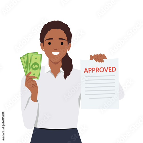 Illustration Featuring a black Businesswoman Holding a Couple of Paper Bills and approved letter for mortgage or investment. Flat vector illustration isolated on white background