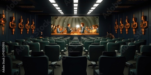 A silent cinema awaits, its empty hall lined with chairs, ready for a cinematic spectacle photo