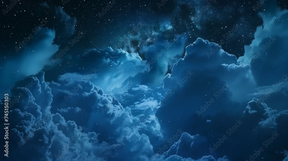 Fototapeta premium Clouds float across the dark blue evening sky