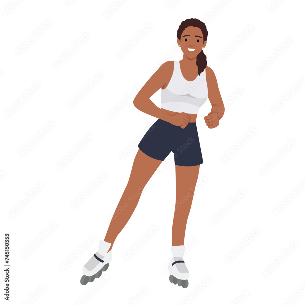 Beautiful black woman riding on roller skates. Vector illustration on white background. Sports concept. Flat vector illustration isolated on white background Beautiful black woman riding on roller skates. Vector illustration on white background. Sports concept. Flat vector illustration isolated on white background