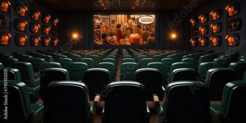 A silent cinema awaits, its empty hall lined with chairs, ready for a cinematic spectacle photo
