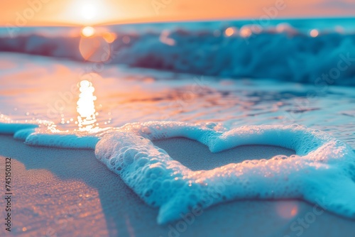 Sunset illuminates sky above sea, waves caress sand forming heart, serene beach scene reflects romance, tranquility. Golden hour at beach, ocean waves encircle sandy heart, natural beauty.