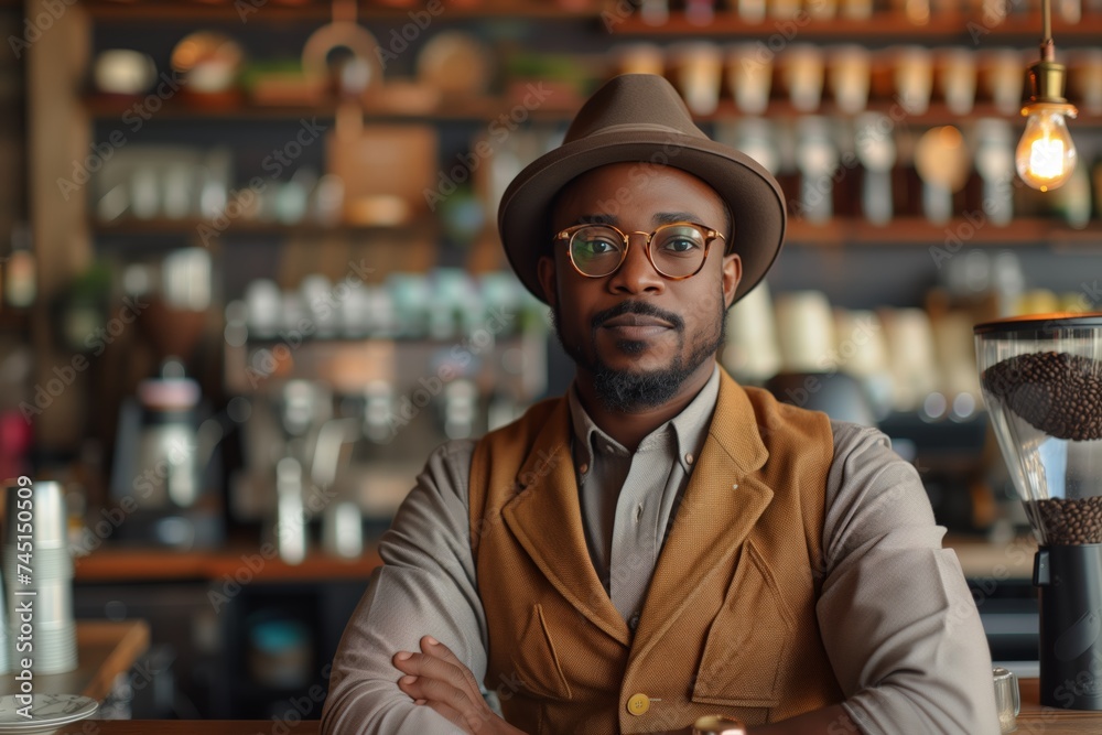 African American male barista, coffee shop owner small business. Cheerful businessman in bakery, arms crossed. Smiling mature man in dapper attire inside bakery exudes warmth and sophistication African American male barista, coffee shop owner small business. Cheerful businessman in bakery, arms crossed. Smiling mature man in dapper attire inside bakery exudes warmth and sophistication