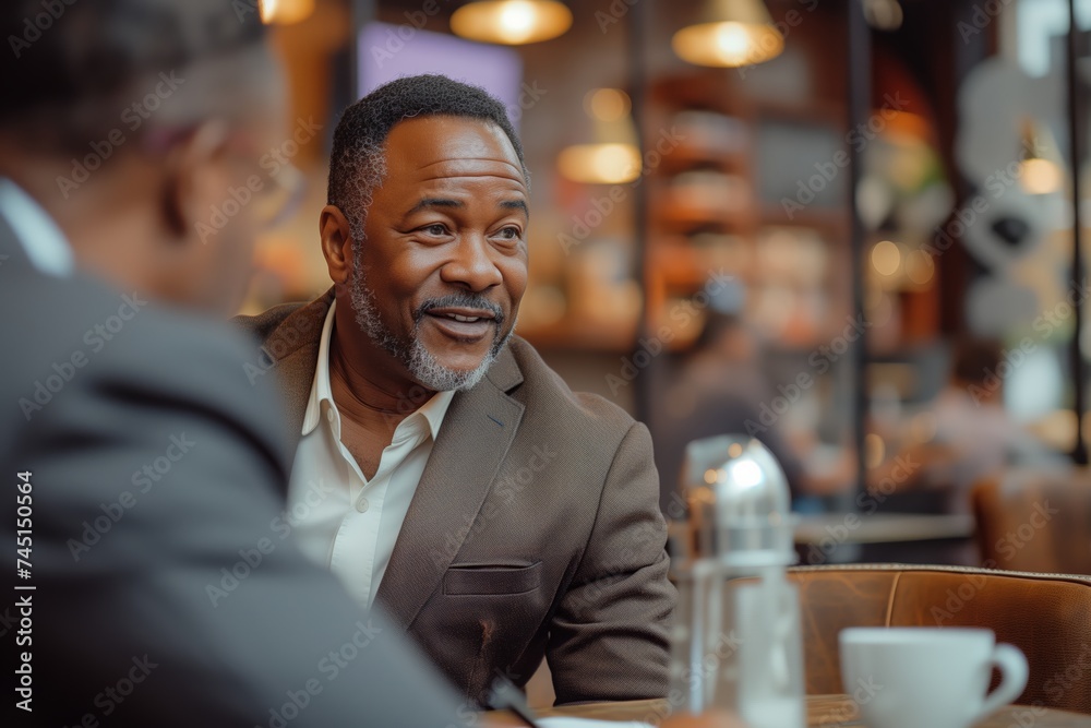 African American male barista, coffee shop owner small business.  Engaged businessmen conversing in cafe, one in brown blazer, other reflecting. men in conversation, business meeting in cafe setting,