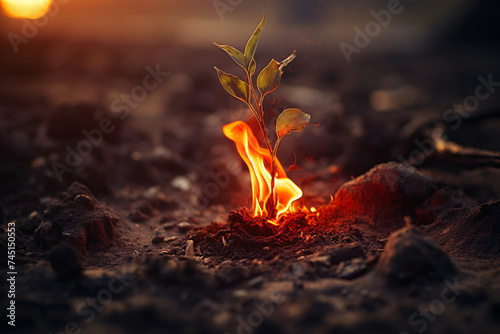 Small green plant seedling on fire. Concept for global warming and wildfire