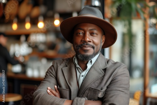 African American male barista, coffee shop owner small business. Mature man arms crossed, confident gaze in coffee shop setting. Coffeehouse owner stands, arms folded, exuding confidence © N Joy Art 