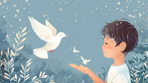 Vector illustration of a boy with a white dove in his hands. Concept of peace day, children's day. photo