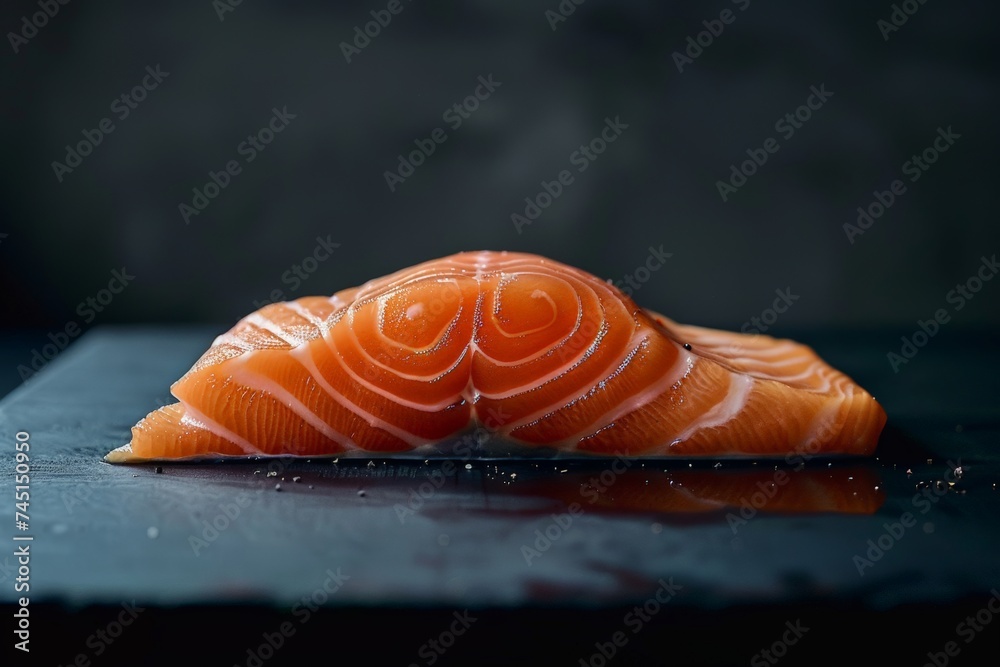 Fresh salmon slice rests on dark slate, its vibrant orange hues and translucent sheen highlighted against moody backdrop. Pristine cut of salmon displays striking marbled texture on slate surface