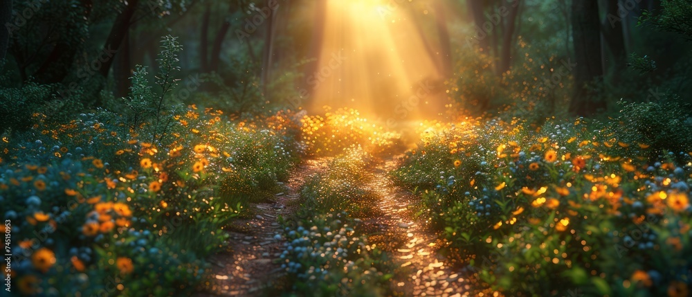Enchanted path through magical forest, background Enchanted path through magical forest, background