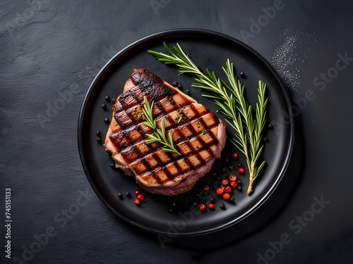 Top view Delicious Grilled beef steak with rosemary and pepper on stone plate on black background