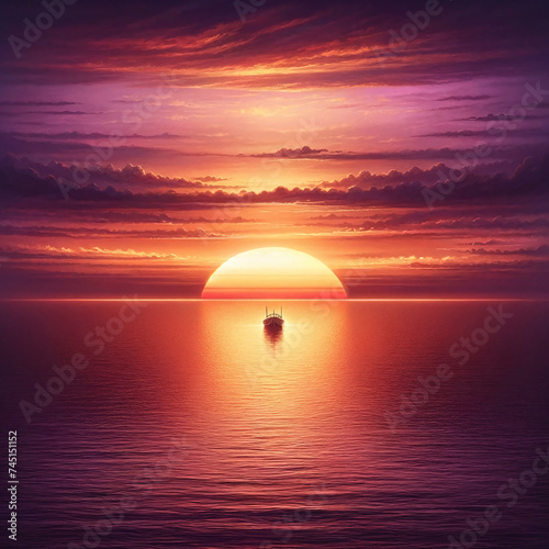 Sunset over the sea with a solitary boat, symbolizing the peaceful closure of a day and anticipation of new beginnings.