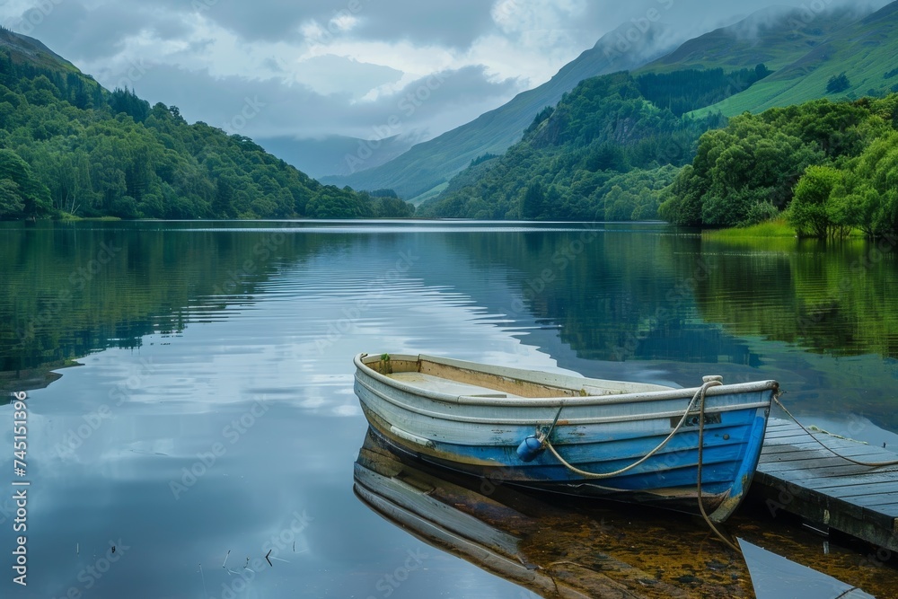 A serene landscape with a calm lake, a lone boat, and lush green mountains.