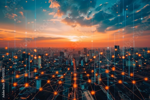 A cityscape at sunset overlaid with a glowing network of interconnected data points symbolizing technological connectivity.