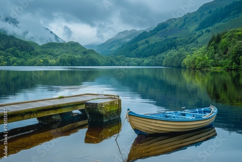 A serene lake with a docked boat, surrounded by misty hillsides and lush greenery.