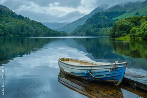 A serene landscape with a calm lake, a lone boat, and lush green mountains.