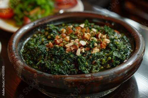 A delicious vegetarian dish of cooked greens topped with chopped nuts served in a rustic clay pot.