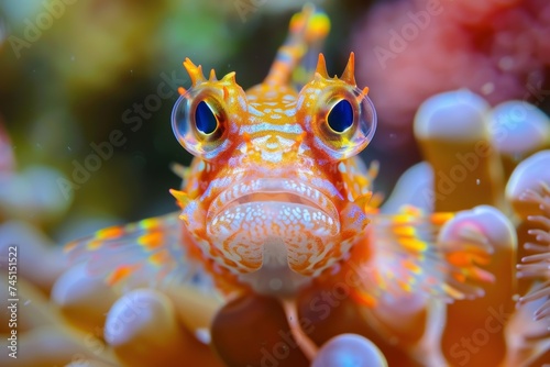 A vibrant and colorful fish amidst the coral reefs in clear underwater settings.