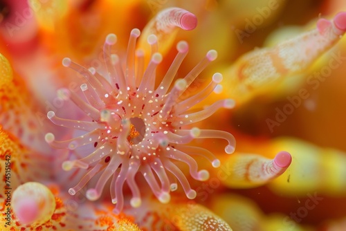 A close-up of a vibrant sea anemone amidst colorful coral underwater.