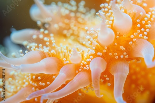 A close-up of a vibrant orange sea anemone underwater.