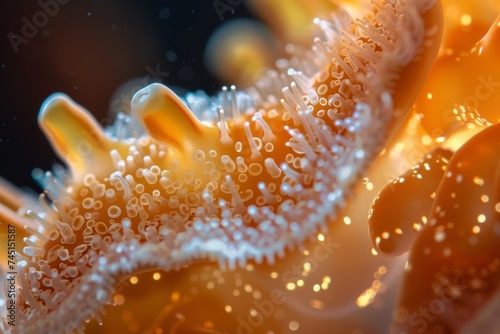 A close-up of vibrant and textured coral underwater illuminated by soft lighting.