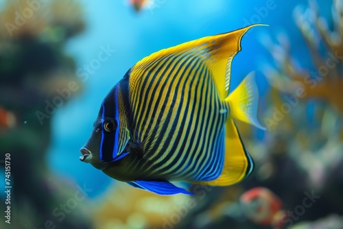 A vibrant tropical fish with blue stripes swims amidst a rich underwater ecosystem.