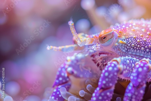 A colorful crab with intricate patterns amidst vibrant underwater marine life.