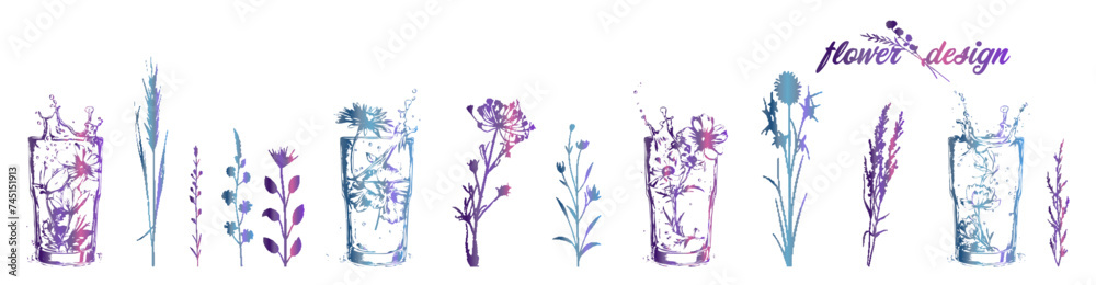 Flower design - vector elements. Design collection of glasses with ferns, flowers and grasses for flyers, brochures, invitation cards, advertising banners and menus. Brilliant colors. Flower design - vector elements. Design collection of glasses with ferns, flowers and grasses for flyers, brochures, invitation cards, advertising banners and menus. Brilliant colors.