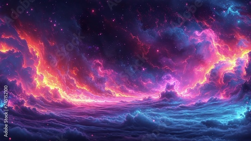 Na zdjęciu widać kolorowe niebo wypełnione chmurami i tysiącami gwiazd. Przestrzeń kosmiczna jest pełna życia i ruchu, co tworzy niesamowity widok