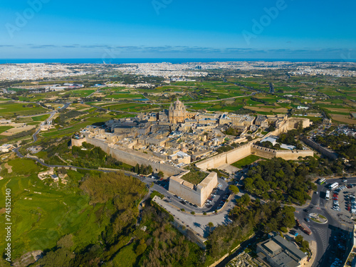  Mdina city  old capital of Malta island. Green fields