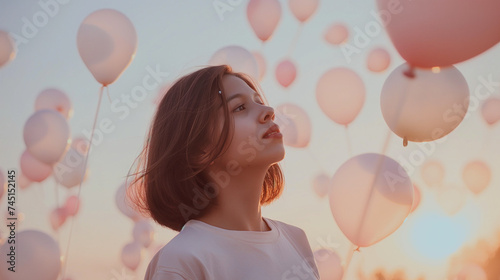 girl with balloons Young Girl Amongst Floating Balloons Dreamy Sunset Reverie