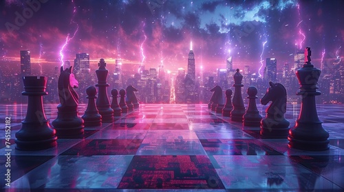 Zbliżenie na szachownica z kilkoma pionkami. W tle widać chaos w dużym mieście, pokazany w formie piorunów z nieba. Koncept rozgrywki władzy.
