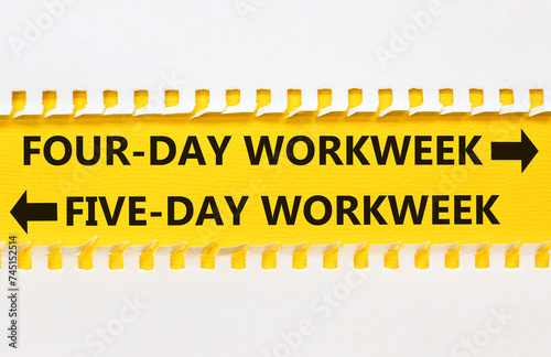 5 or 4 day week symbol. Concept word Five-day workweek or Four-day workweek on beautiful yellow paper. Beautiful white paper background. Business and 5 or 4 day week concept. Copy space.