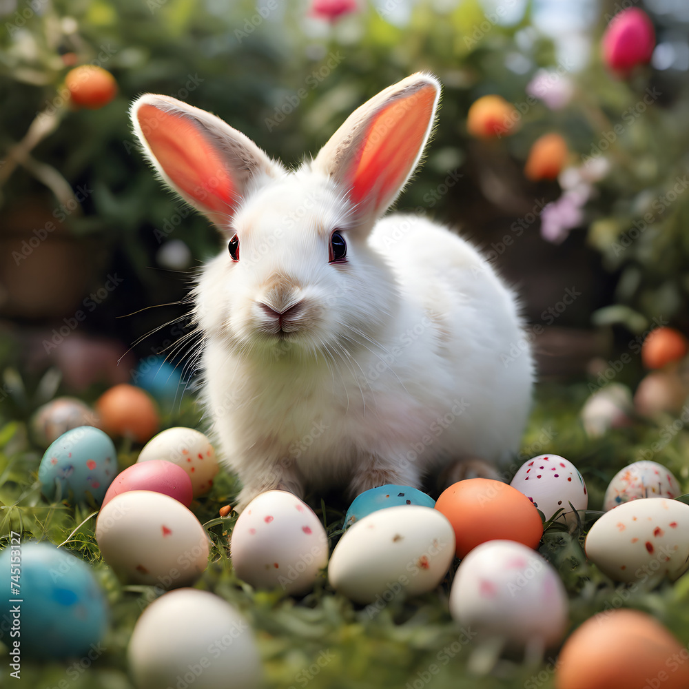 A white rabbit amidst colorful Easter eggs in a vibrant garden setting, symbolizing spring and renewal. A white rabbit amidst colorful Easter eggs in a vibrant garden setting, symbolizing spring and renewal.