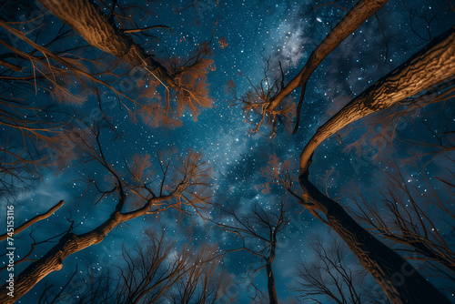 Beautiful night sky Milky Way and trees bottom view 90 degrees, Generative AI. photo