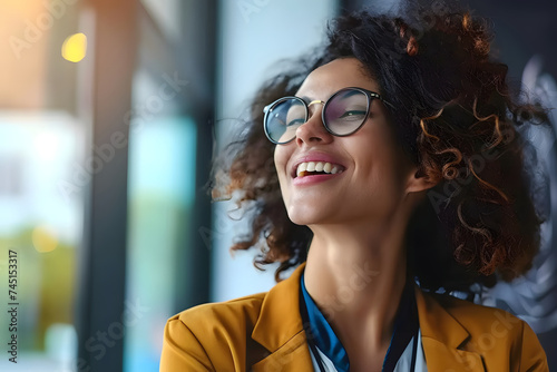 happy laughing female office worker wearing glasses looking away at copy space, Generative AI 