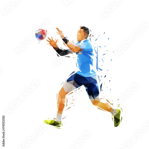 Handball player catching ball, low poly isolated vector illustration, geometric drawing