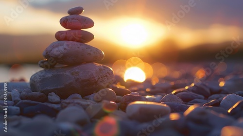 a pile of pebbles by water at sunset, meditation, peace, mindfulness and calm, bokeh background 
