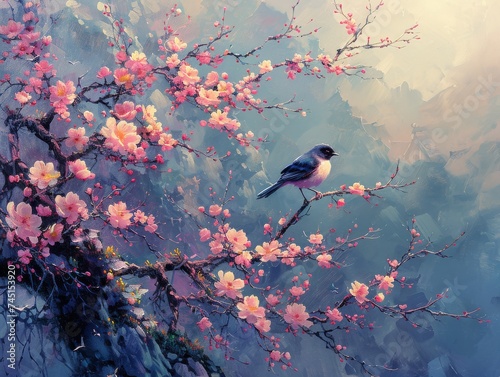 Japanische Frühlingsblüten und Vogel photo