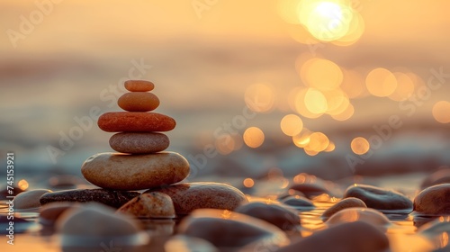 a pile of pebbles by water at sunset,  meditation, peace, mindfulness and calm, bokeh background  photo