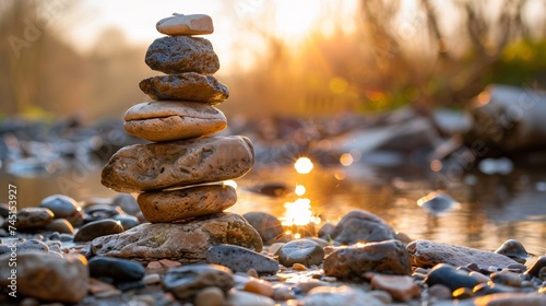 a pile of pebbles by water at sunset, meditation, peace, mindfulness and calm, bokeh background 